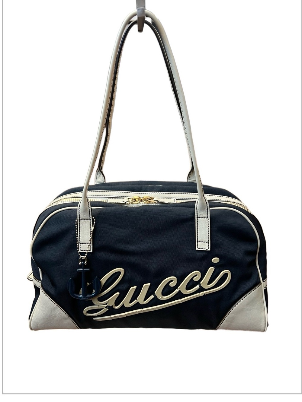 Gucci Navy Boulevard Boston Bag Vintage - Cracked Script Logo - Authentic